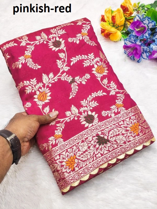 "Pure Viscose Dolla Silk Saree with Heavy Meenakari Weaving & Soft Silk Zari Blouse" -Flower Valley - FREE, Pinkish-Red
