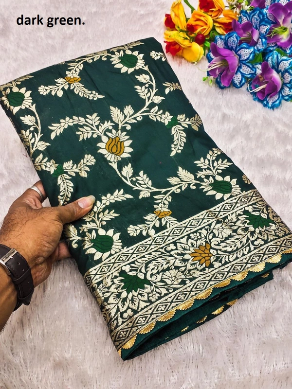 "Pure Viscose Dolla Silk Saree with Heavy Meenakari Weaving & Soft Silk Zari Blouse" -Flower Valley - FREE, Dark green
