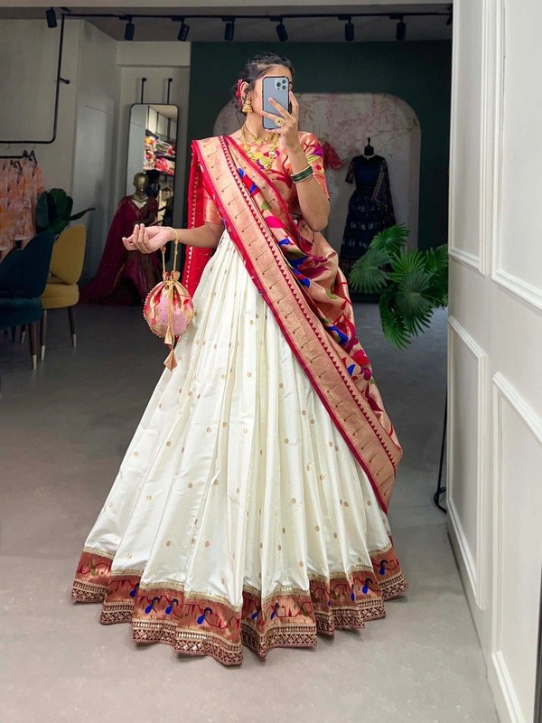 "Rudrani Paithani Jacquard Silk Lehenga Choli Set with Zari Weaving Work, Dupatta & Batwa - FREE, WHITE