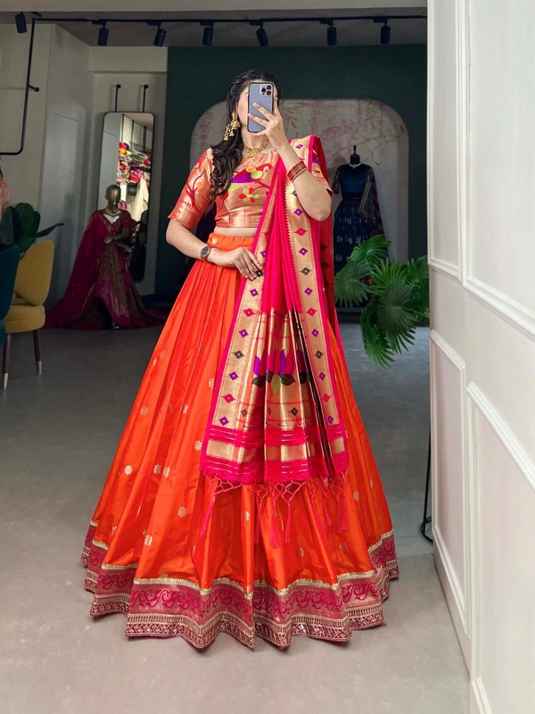 "Rudrani Paithani Jacquard Silk Lehenga Choli Set with Zari Weaving Work, Dupatta & Batwa - FREE, ORANGE