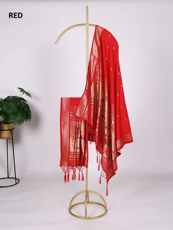 "Traditional Paithani Jacquard Dupatta with Zari Weaving & Tassels � NNK4021" - FREE, RED