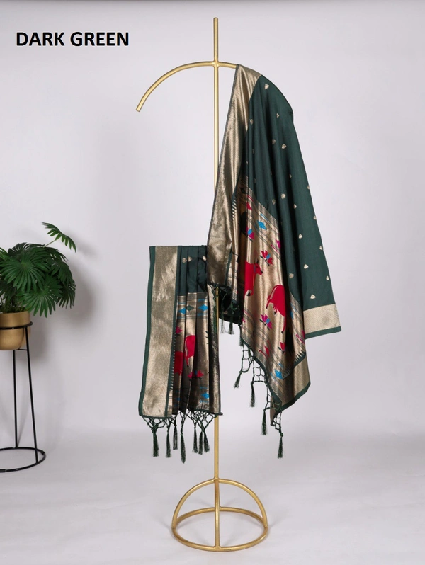 "Traditional Paithani Jacquard Dupatta with Zari Weaving & Tassels � NNK4021" - FREE, DARK GREEN