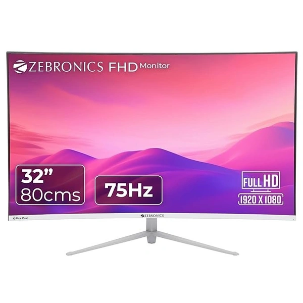 SIZE- 32" CURVED- ZEBRONICS AC32FHD LED Curved 75Hz 80Cm (32") (81.28 Cm) 1920x1080 Pixels FHD Resolution Monitor with HDMI + VGA Dual Input, Built-in Speaker, Max 250 Nits Brightness, Black