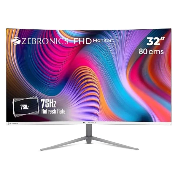 SIZE- 32" CURVED- ZEBRONICS AC32FHD LED Curved 75Hz 80Cm (32") (81.28 Cm) 1920x1080 Pixels FHD Resolution Monitor with HDMI + VGA Dual Input, Built-in Speaker, Max 250 Nits Brightness, Black