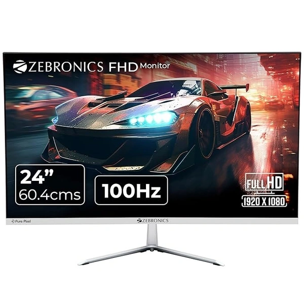 SIZE- 24" ZEBRONICS A24FHD LED Monitor, 24 inch (60.96cm), 250 nits, 100Hz, Slim Design, FHD, 1080p, Wall Mountable, HDMI, VGA, Ultra Slim Bezel, Metal stand, Built-in Speakers