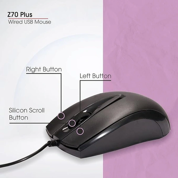 MOUSE- WIRED- Zebion Z70+ USB Mouse with 3 Year Warranty Latest Optical Technology, 1200 DPI Resolution, Ergonomic Design, Smooth Low-Friction Movements and Comfy Palm Fit with 1.5M Cable