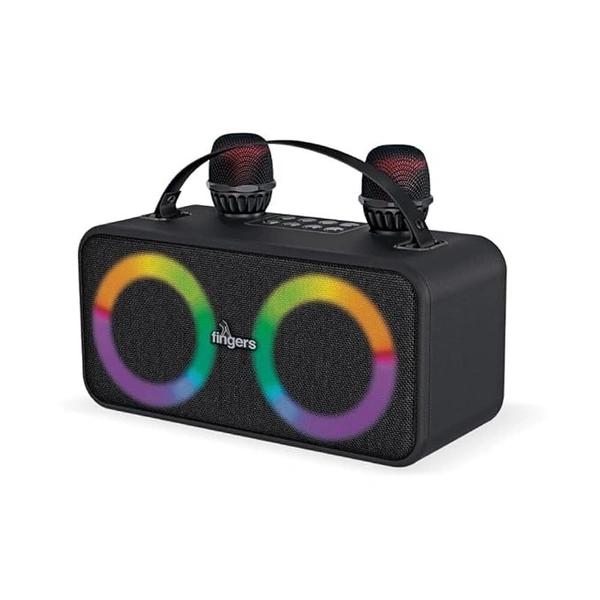 SPEAKERS- FINGERS 2Mic-Karaoke Portable Speaker with 2 Wireless Mics (RGB Lights, 6-Hour Playback, 24 W Intense Bass, Bluetooth® | USB | MicroSD | FM Radio) – Rich Black