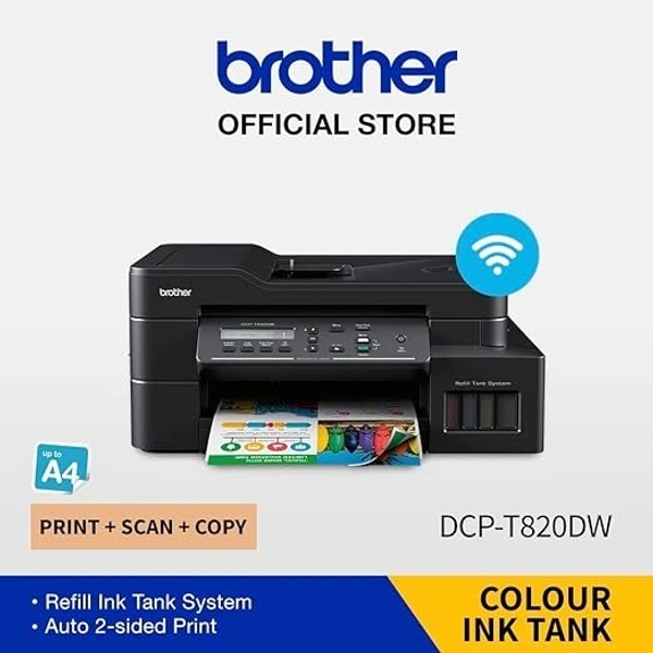 TANK SYSTEM- Brother DCP-T820DW Printer - Auto Duplex Printing, Print, Scan, Copy, ADF, WiFi/LAN/USB, Print Up To 15K Pages In Black And 5K In Color Each For (CMY),