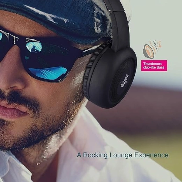 HEADPHONES- FINGERS Rock-n-Roll Lounge Wireless Headset with 10 hours playback, club-like Bass and built-in Mic [Bluetooth | FM Radio | Aux] (Rich Black + Wine)