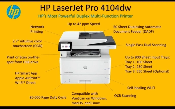 LASERJET- Laserjet Pro MFP 4104dw, 42 PPM A4 MFP with WIFI