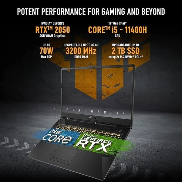 CORE I5- 11TH GEN- ASUS TUF Gaming F17, Intel Core i5-11400H 11th Gen, 17.3-inch (43.94 cm) FHD 165Hz, Gaming Laptop (16GB/512GB SSD/4GB NVIDIA GeForce RTX 2050/Win 11/ RGB Backlit KB/Black/2.60 kg), FX706HF-NY040W