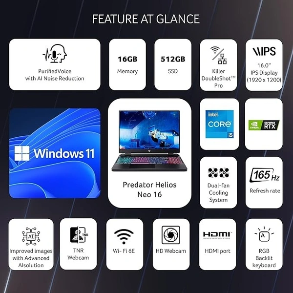 CORE I5- 13TH GEN- Acer Predator Helios Neo 16 Gaming Laptop 13th Gen Intel Core i5 Processor (16 GB/512 GB SSD/Windows 11 Home/NVIDIA ® GeForce RTX ¢ 4050) PHN16-71, (16") WUXGA Display