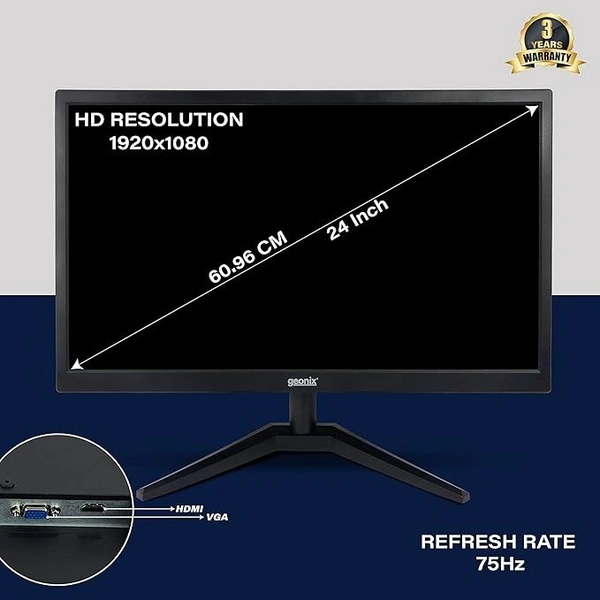 SIZE- 24"- GEONIX 24 Inch PC Monitor | TFT | Full HD 1920 x 1080 Pixels | Display Output VGA & HDMI | with LED Back Light Technology |3 Years Warranty