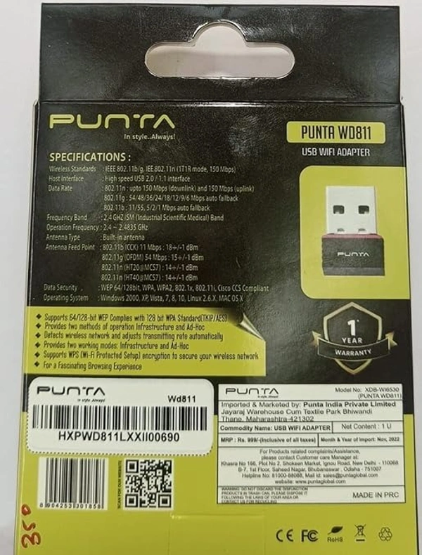 USB WIFI- Punta 150M WiFi USB Dongle/Adapter (1 Year Warranty)