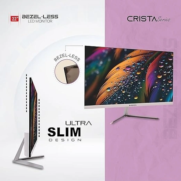 SIZE- 22"- Zebion FHD Led Frameless Monitor Crista Series, IPS Panel, 1920x1080 Pixel with Max Resolution, HDMI, VGA, Wall Mountable, Fast Response Time, 3 Year Warranty (22-Inch, 75Hz)