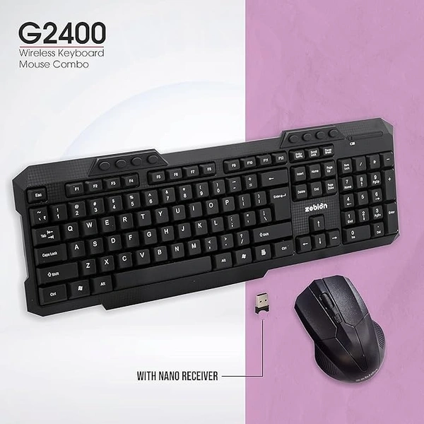 COMBO- WIRELESS- ZEBION G2400 Wireless Keyboard Mouse Combo with Nano Receiver, Tested with Over 1 Billion keystrokes and clicks,Durable Body, Multimedia Keyboard, Adjustable DPI, 1 Year Warranty, Black Color