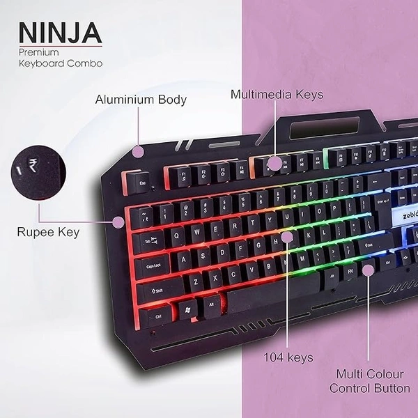 COMBO- WIRED- GAMING- Zebion Ninja Gaming Keyboard and Mouse Combo,Braided Cable,Durable Metal Body,Multimedia Keys and Gaming Mouse with 6 Buttons, Multi-Color LED Lights, High-Resolution Sensor with 3200 DPI (Black)