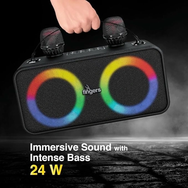 SPEAKERS- FINGERS 2Mic-Karaoke Portable Speaker with 2 Wireless Mics (RGB Lights, 6-Hour Playback, 24 W Intense Bass, Bluetooth® | USB | MicroSD | FM Radio) – Rich Black