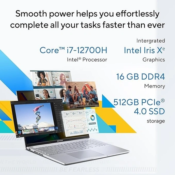 CORE I7- 12TH GEN- ASUS Vivobook 16, 16" (40.64cm)WUXGA 16:10 60 Hz, Intel Core i7-12700H, Thin & Light Laptop (16GB DDR4/512GB SSD/Intel Iris Xe Graphics/Win 11/Office 2021/Transparent Silver/1.88 Kg), X1605ZAC-MB741WS