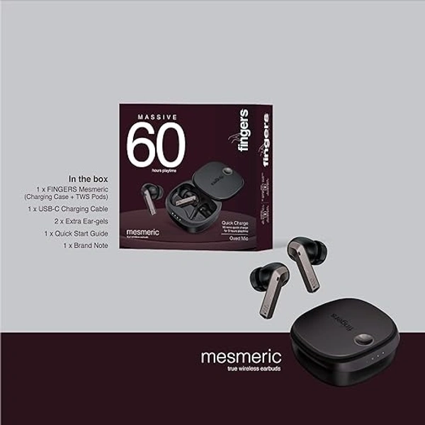 EARBUDS- FINGERS Mesmeric TWS Earbuds Immersive Sound with 10 mm Deep bass Drivers, 60 Hours Playtime, Built-in Quad Mics, SNC™ Technology, Quick Charge Type-C Fast Charging (Gun Metal + Black)