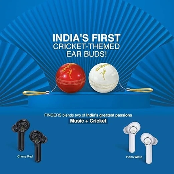 EARBUDS- FINGERS Yorker Bluetooth Truly Wireless in Ear Earbuds with Mic (Cricket Themed | Snc Technology | 17.5 Hrs Power Playback | Fast Charging Type-C | Sweat Proof | Voice Assistant Support, Piano White)