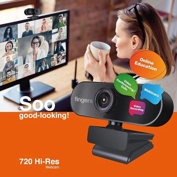 CAMERA- USB- FINGERS 720 Hi-Res Webcam with 720p Wide Angle Lens and Built-in Mic for PC Desktops and Laptops - HD Video Calling & Recording with up to 1280 x 720 Pixels