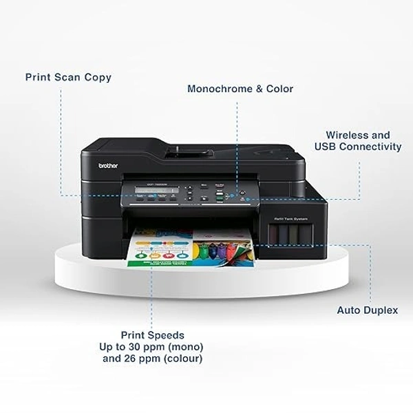 TANK SYSTEM- Brother DCP-T820DW Printer - Auto Duplex Printing, Print, Scan, Copy, ADF, WiFi/LAN/USB, Print Up To 15K Pages In Black And 5K In Color Each For (CMY),