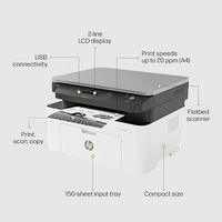 LASERJET- HP Laser MFP 1188w, Wireless, Print, Copy, Scan, Ethernet, Hi-Speed USB 2.0, Up to 21 ppm, 150-sheet Input Tray, 100-sheet Output Tray, 10,000-page Duty Cycle, Black and White