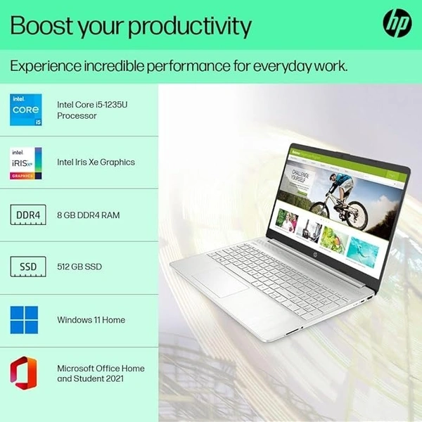 CORE I5- 12TH GEN- HP 15s 12th Gen Intel Core i5, 15/6inch (39.6 cm), 8GB RAM, 512GB SSD, Intel Iris Xe Graphics, Backlit Kb, (Win 11 Home, Natural Silver, 1.69kg), fq5202TU / fq5329TU