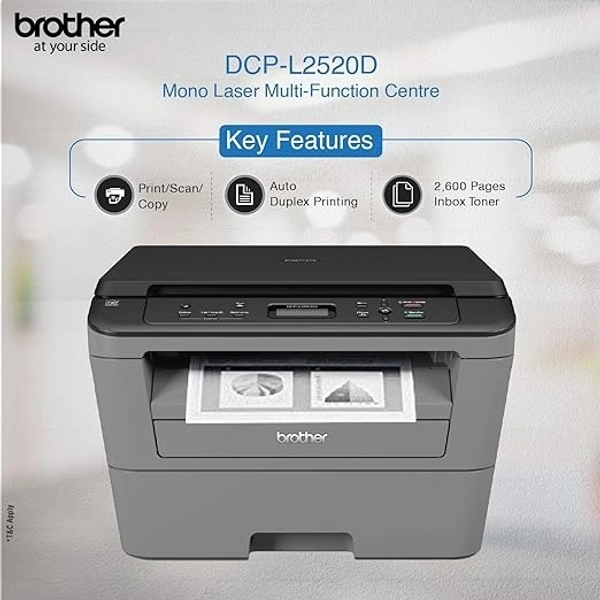LASERJET- Brother DCP-L2520D Automatic Duplex Laser Printer with 30 Pages Per Minute Print Speed, Multifunction (Print Scan Copy), 2 in 1 (ID) Copy Button, LCD Display, 32 MB Memory, 250 Sheet Paper Tray, USB