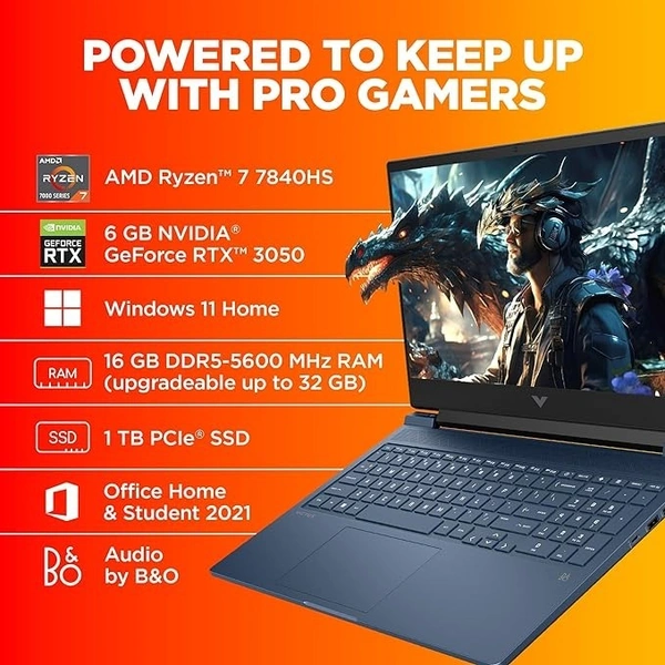 RYZEN- GAMING- HP Victus Windows 11 Home Gaming Laptop,Amd Ryzen 7 7840Hs Ai Powered,6Gb Rtx 3050 Gpu,16.1-Inch (40.9 Cm),95W Tgp,Fhd,IPS,144Hz,16Gb Ddr5,1Tb Ssd,Rgb Backlit Kb,B&O (Mso,Blue,2.29 Kg),S0089Ax