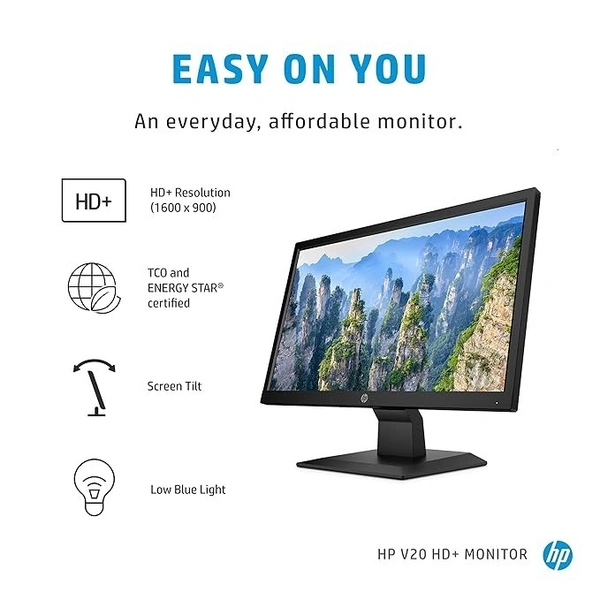 SIZE- 20"- HP V20 19.5 inch(49.53 cm) Monitor HD+1600 x 900 Pixels Anti-Glare; Low Blue Light Mode, HDMI; VGA, 5ms Response time,VESA Mount, 2.81kg (1H848AA)