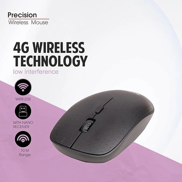 MOUSE- WIRELESS- Zebion Precision 4G Wireless Mouse, USB Nano Receiver, Adjustable DPI 800/1000/1600, Automatic Sleep State, Transmission rang Upto 10M, Required for 2 AAA Batteries, Silent Switch, Black Color