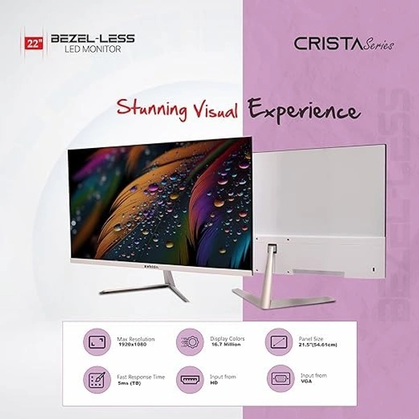 SIZE- 22"- Zebion FHD Led Frameless Monitor Crista Series, IPS Panel, 1920x1080 Pixel with Max Resolution, HDMI, VGA, Wall Mountable, Fast Response Time, 3 Year Warranty (22-Inch, 75Hz)