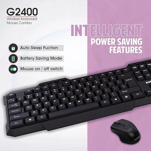 COMBO- WIRELESS- ZEBION G2400 Wireless Keyboard Mouse Combo with Nano Receiver, Tested with Over 1 Billion keystrokes and clicks,Durable Body, Multimedia Keyboard, Adjustable DPI, 1 Year Warranty, Black Color