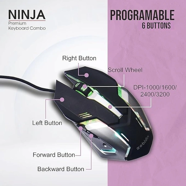 COMBO- WIRED- GAMING- Zebion Ninja Gaming Keyboard and Mouse Combo,Braided Cable,Durable Metal Body,Multimedia Keys and Gaming Mouse with 6 Buttons, Multi-Color LED Lights, High-Resolution Sensor with 3200 DPI (Black)