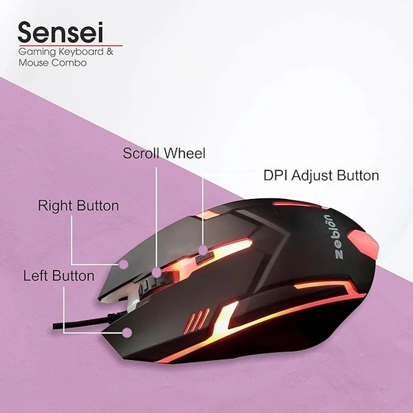 COMBO- WIRED- GAMING- ZEBION Sensei Wired Gaming Keyboard Mouse Combo with RGB Lights, The Backlit Keys are Bright and Sharp, Adjustable DPI with Color Changing RGB Light, Durable Body, 1 Year Warranty
