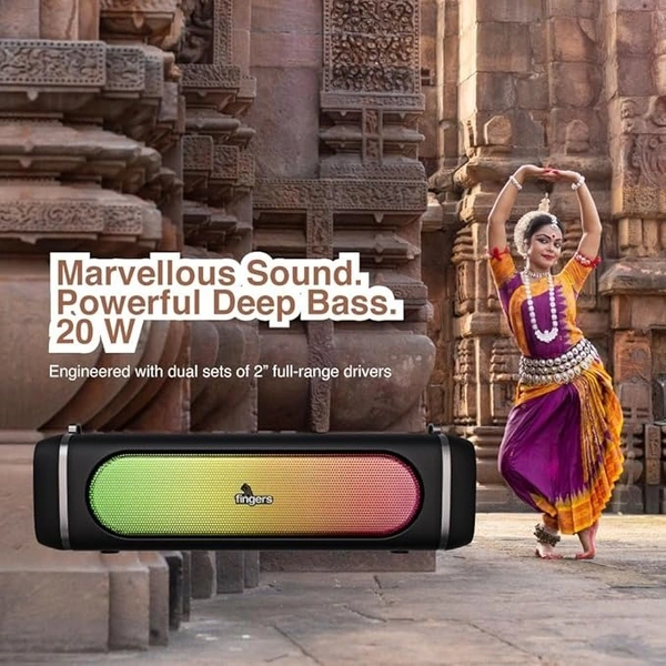SPEAKERS- FINGERS SoundPower-20 Bluetooth Portable Speaker with Powerful 20 W Deep Bass, Mesmerizing RGB lights, 9-hour Playtime, Free Carry Strap, Built-in Mic (Black)