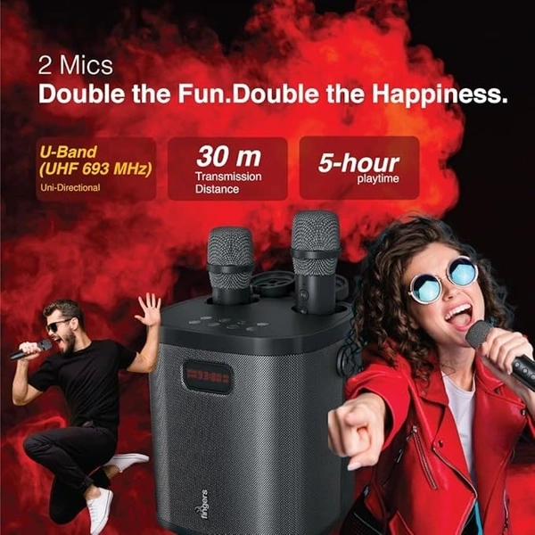 SPEAKERS- FINGERS 2Mic-GrooveBox Portable Speaker with 2 Wireless Mics (6.5 -Hour Playback, 20 W Intense Bass, Recording Feature, Bluetooth® | USB | MicroSD | FM Radio | AUX) – Rich Black