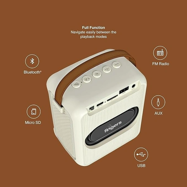 SPEAKERS- FINGERS SoloKaraoke Portable Speaker with Wireless Mic (Intelligent DSP Chip for Optimized Sound, 4-hour Playback, Bluetooth® | USB | MicroSD | AUX | FM Radio) - Ivory