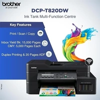 TANK SYSTEM- Brother DCP-T820DW Printer - Auto Duplex Printing, Print, Scan, Copy, ADF, WiFi/LAN/USB, Print Up To 15K Pages In Black And 5K In Color Each For (CMY),
