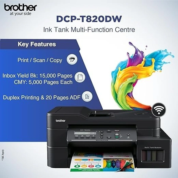 TANK SYSTEM- Brother DCP-T820DW Printer - Auto Duplex Printing, Print, Scan, Copy, ADF, WiFi/LAN/USB, Print Up To 15K Pages In Black And 5K In Color Each For (CMY),