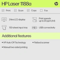 LASERJET- HP Monochrome Laser Printers MFP 1188A, Print, Copy, Scan, Hi-Speed Wired, USB 2.0,Up to 21 Ppm,150-Sheet Input Tray,100-Sheet Output Tray,10,000-Page Duty Cycle, 1-Year Warranty, Black&White,