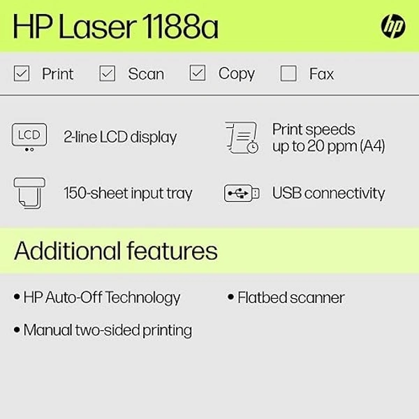 LASERJET- HP Monochrome Laser Printers MFP 1188A, Print, Copy, Scan, Hi-Speed Wired, USB 2.0,Up to 21 Ppm,150-Sheet Input Tray,100-Sheet Output Tray,10,000-Page Duty Cycle, 1-Year Warranty, Black&White,