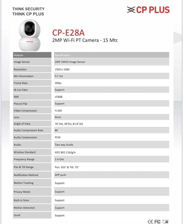 CCTV- WIFI CAMERA- CP PLUS 2MP Full HD Wi-fi CCTV Camera | 360°View PT Camera | Motion Tracking | Cloud Monitoring | 2-Way Talk, Night Vision| Support SD Card (Up to 256 GB) | Privacy Mode - CP-E28A