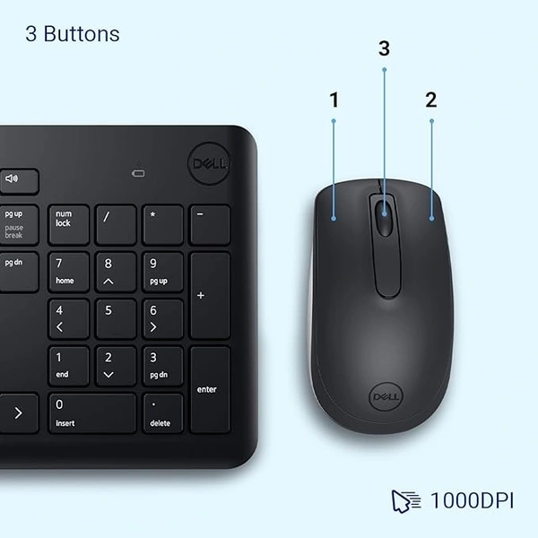 COMBO- WIRELESS- Dell KM3322W Wireless USB Keyboard and Mouse Combo, Anti-Fade & Spill-Resistant Keys, up to 36 Month Battery Life, 3Y Advance Exchange Warranty - Black