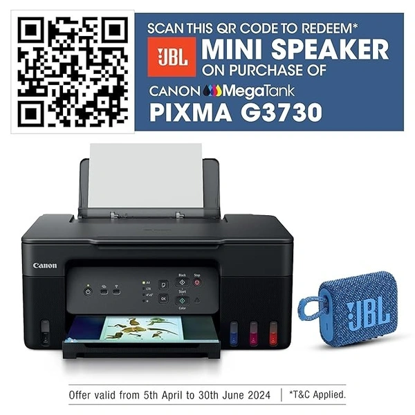 TANK SYSTEM-  Roll over image to zoom in Canon PIXMA MegaTank G3730 All-in-one (Print, Scan, Copy) Wireless Inktank Printer with Small Size Ink Bottles, Scan