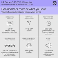 SIZE- 24"- HP Series 5 24 inch FHD Monitor, Full HD Display (1920 x 1080), IPS Panel, 99% sRGB, 1500:1 Contrast Ratio, 300 nits, Eye Ease with Eyesafe Certification, 524sa (2024)