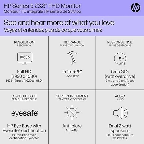 SIZE- 24"- HP Series 5 24 inch FHD Monitor, Full HD Display (1920 x 1080), IPS Panel, 99% sRGB, 1500:1 Contrast Ratio, 300 nits, Eye Ease with Eyesafe Certification, 524sa (2024)