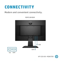 SIZE- 20"- HP V20 19.5 inch(49.53 cm) Monitor HD+1600 x 900 Pixels Anti-Glare; Low Blue Light Mode, HDMI; VGA, 5ms Response time,VESA Mount, 2.81kg (1H848AA)